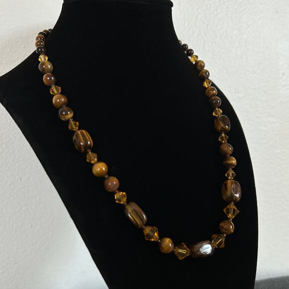 Handmade Tigers Eye + Orange Glass Necklace 18.5in w/ 2in Heart Extender - Picture 4 of 6